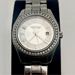 Caravelle New York Womens Watch Silver Tone Crystal Bezel 7.25" New Battery